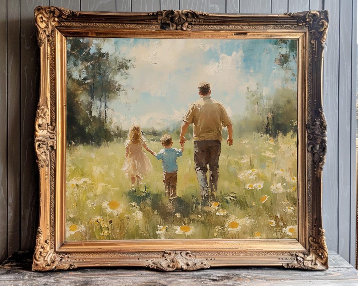Father Walking With Two Children in Wildflower Meadow Poster