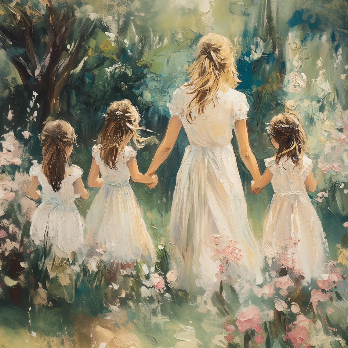 Mother Holding Hands with Three Young Daughters in Garden Poster - Image 2