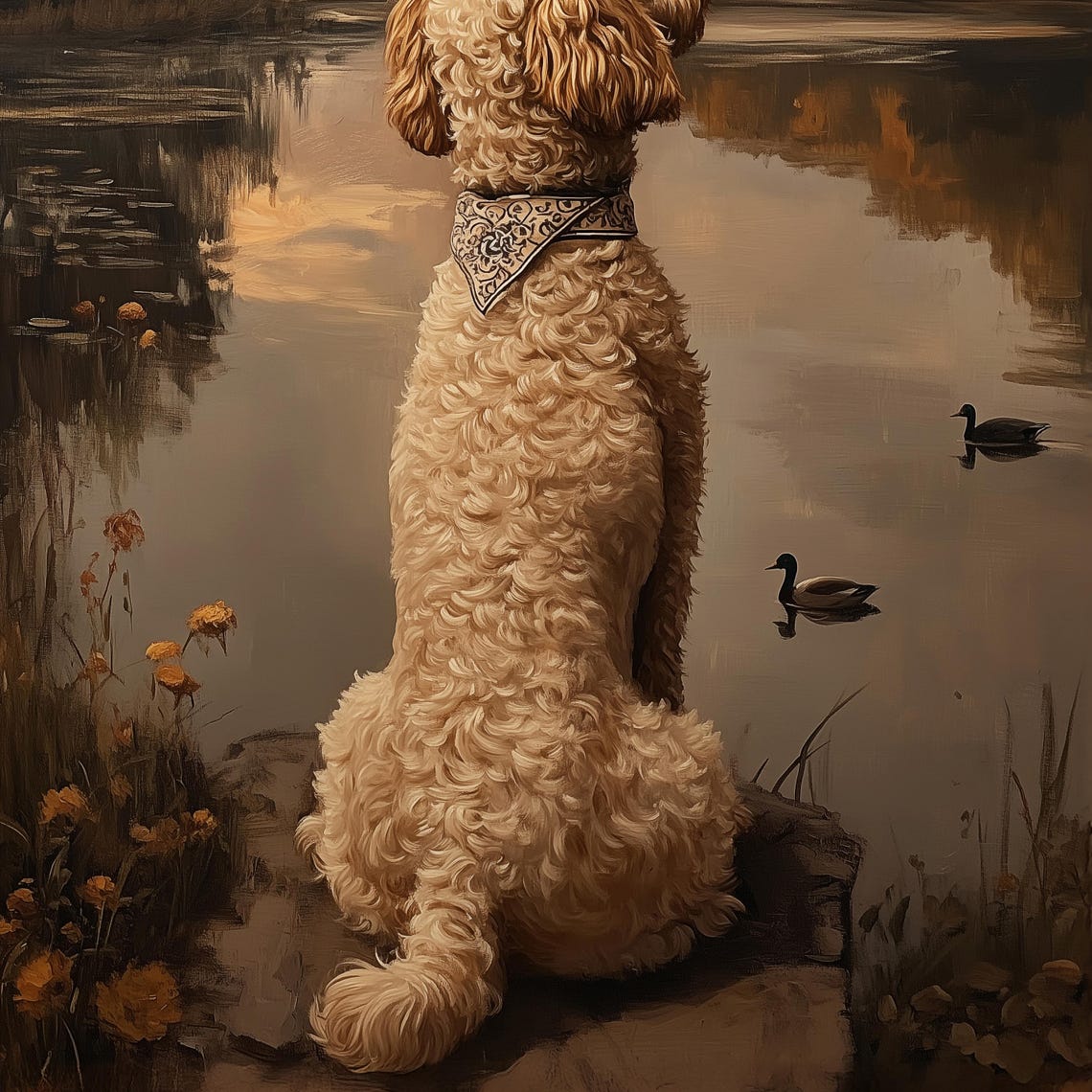 Curly Goldendoodle Watching Ducks At Golden Sunset Pond Art Poster - Image 2