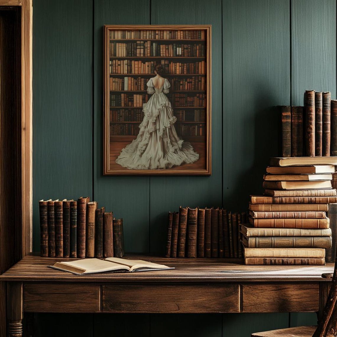 Woman In Gown Before Library Bookshelves Dark Academia Book Poster - Image 3