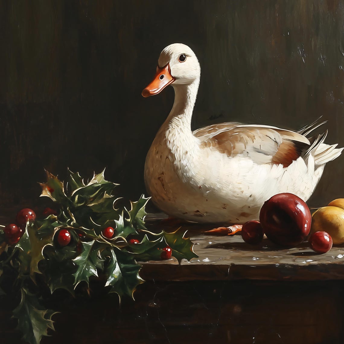 Christmas Still Life With White Goose Holly And Fruit Moody Poster - Image 2