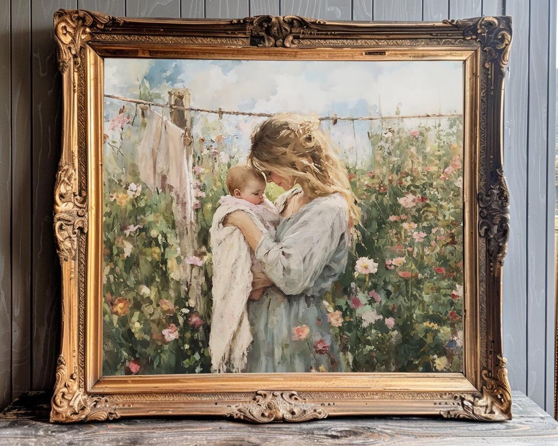 Mother Kissing Baby in a Cottage Garden by a Laundry Line Poster - Image 4