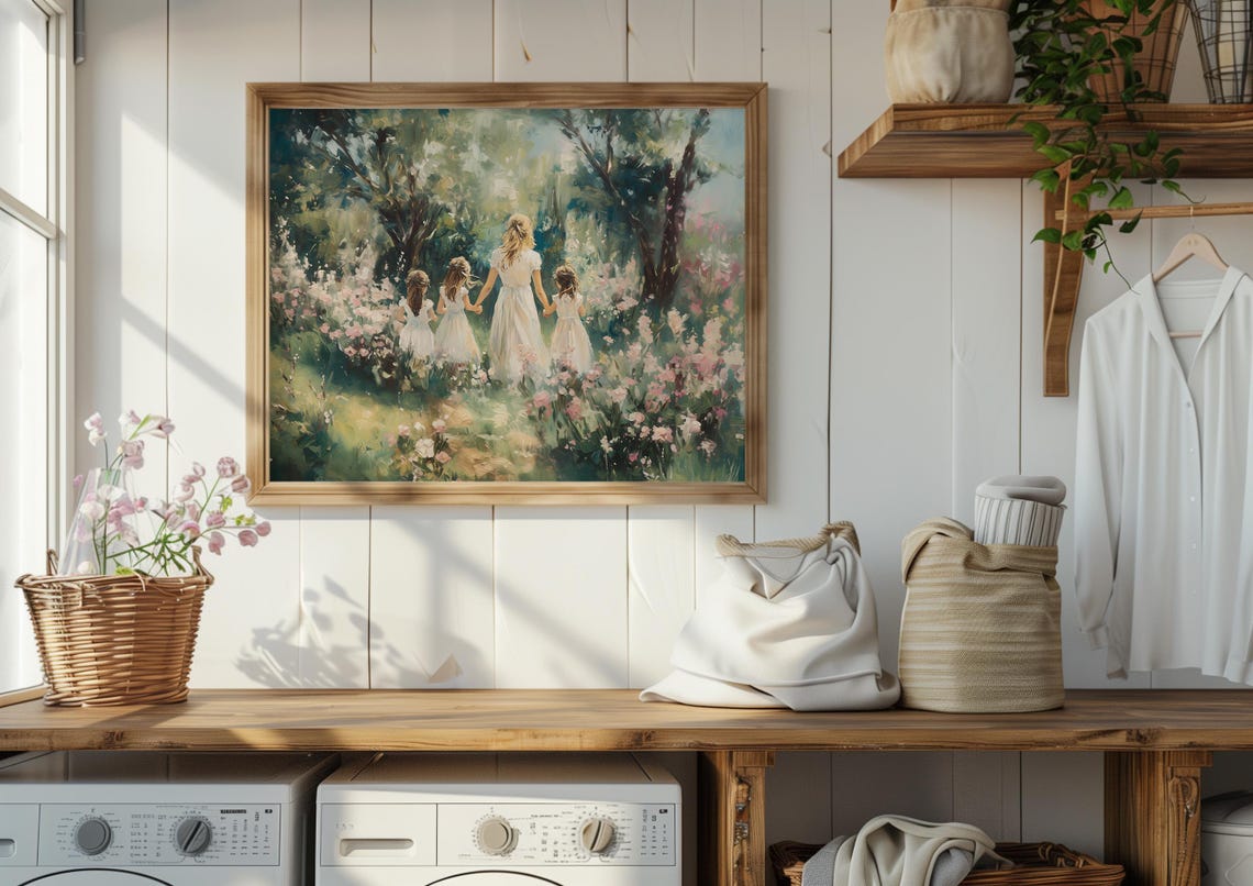 Mother Holding Hands with Three Young Daughters in Garden Poster - Image 4