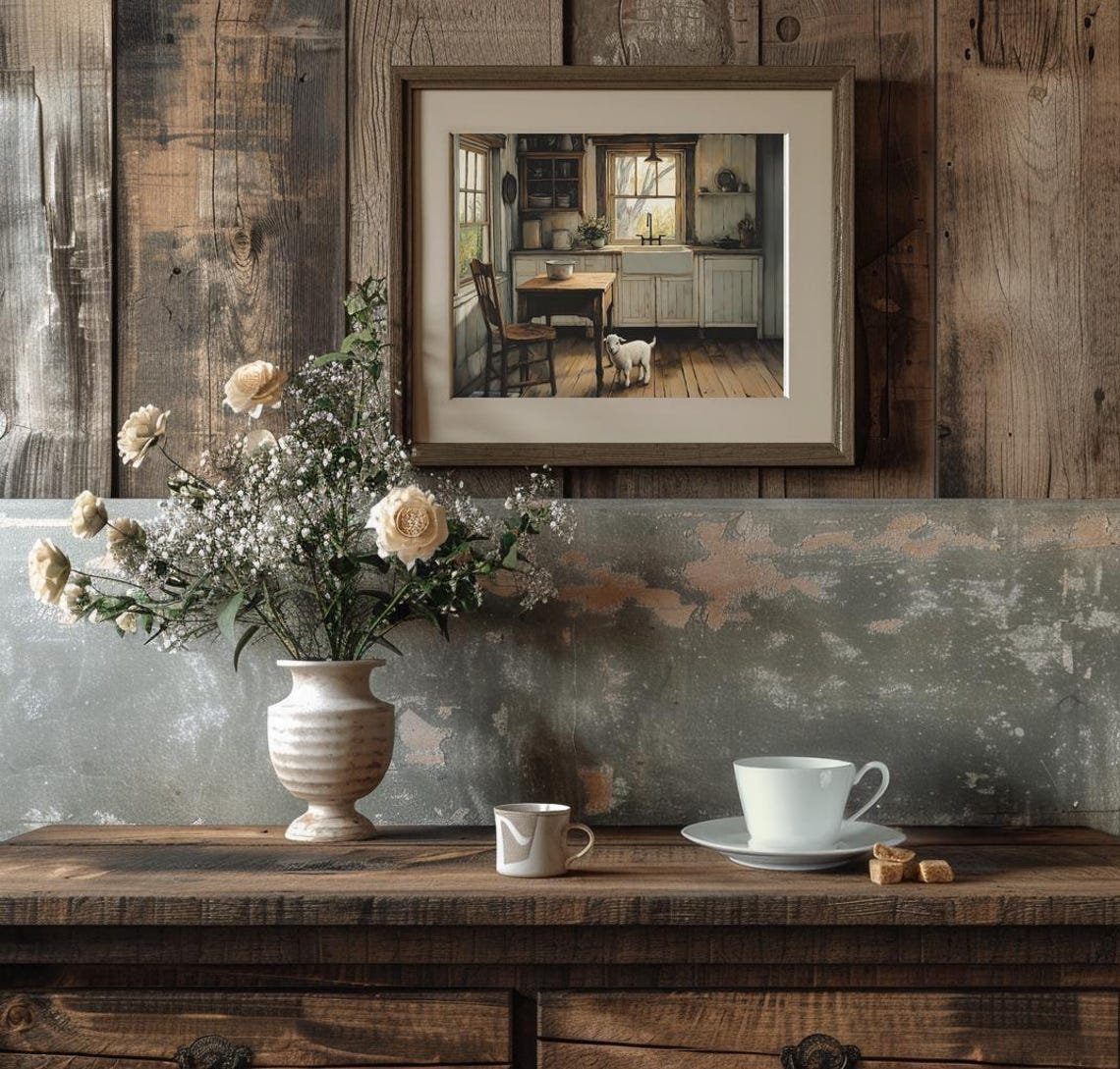 Vintage Farmhouse Kitchen Interior With Lamb Primitive Style Poster - Image 3