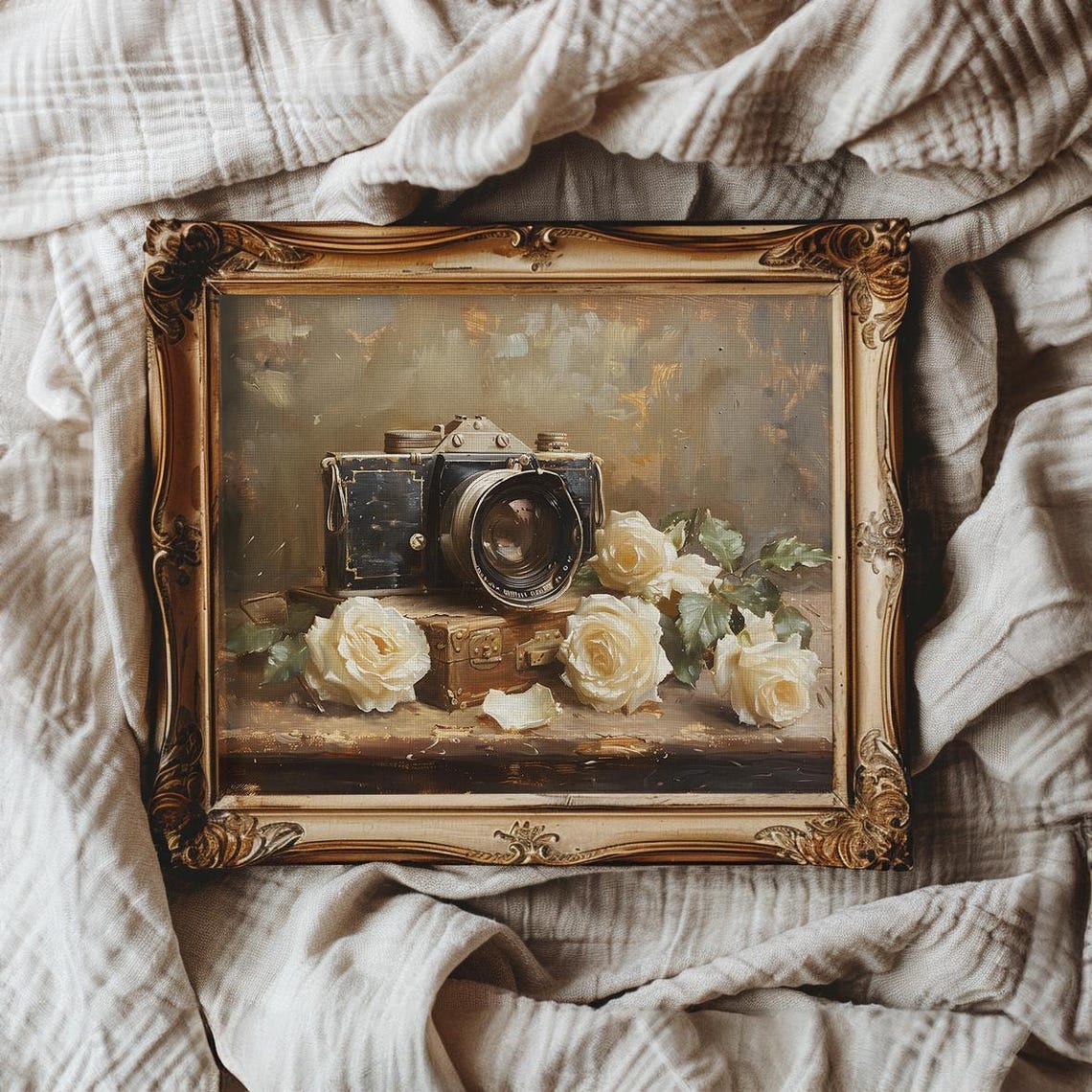 Vintage Film Camera with Ivory White Roses Rustic Still Life Poster - Image 4