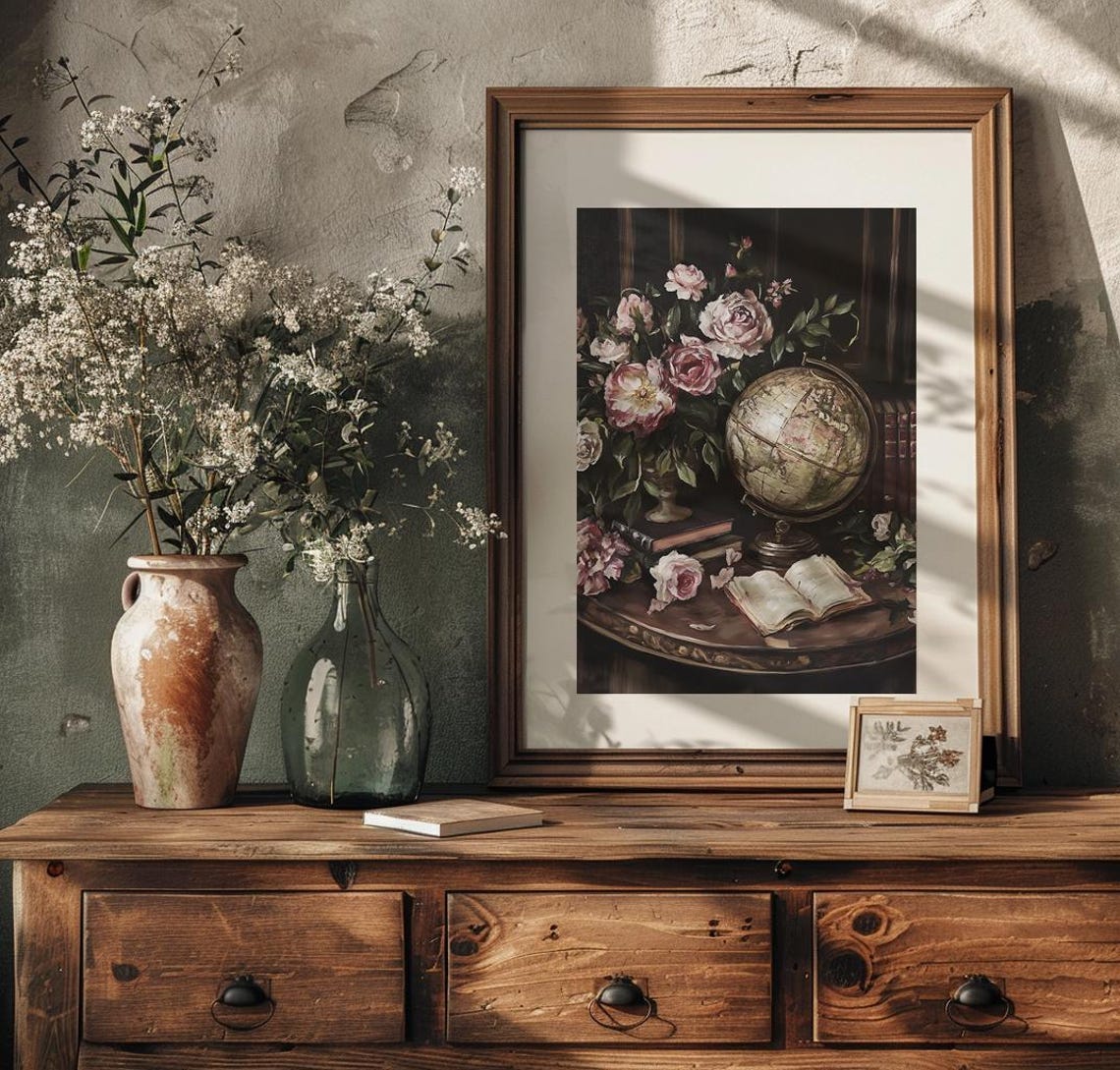 Vintage Globe With Pink Roses And Open Book Dark Academia Poster - Image 3
