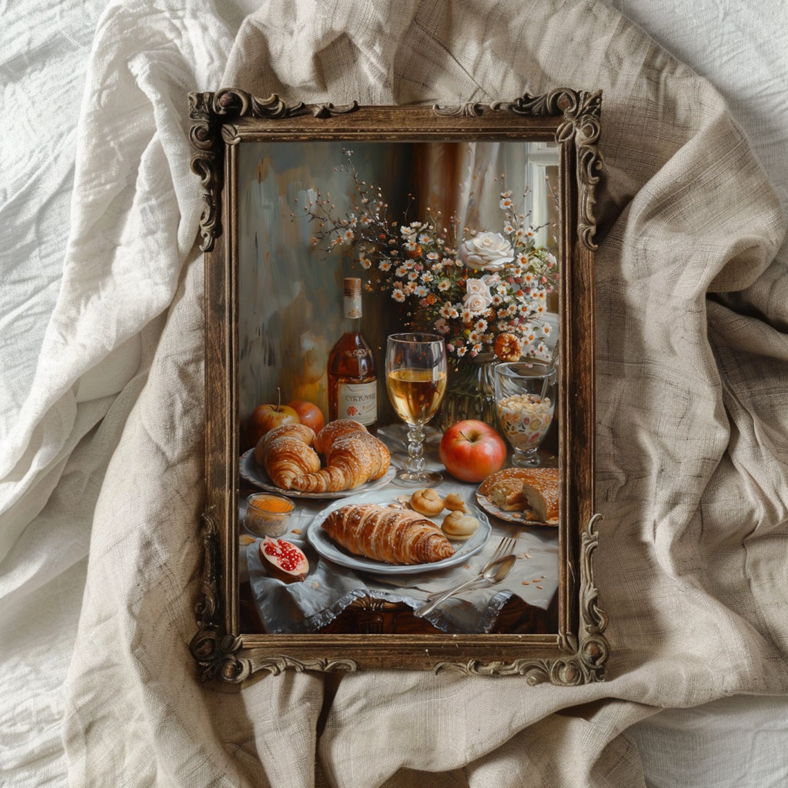 French Breakfast With Croissants Wine and Flowers Painting Poster