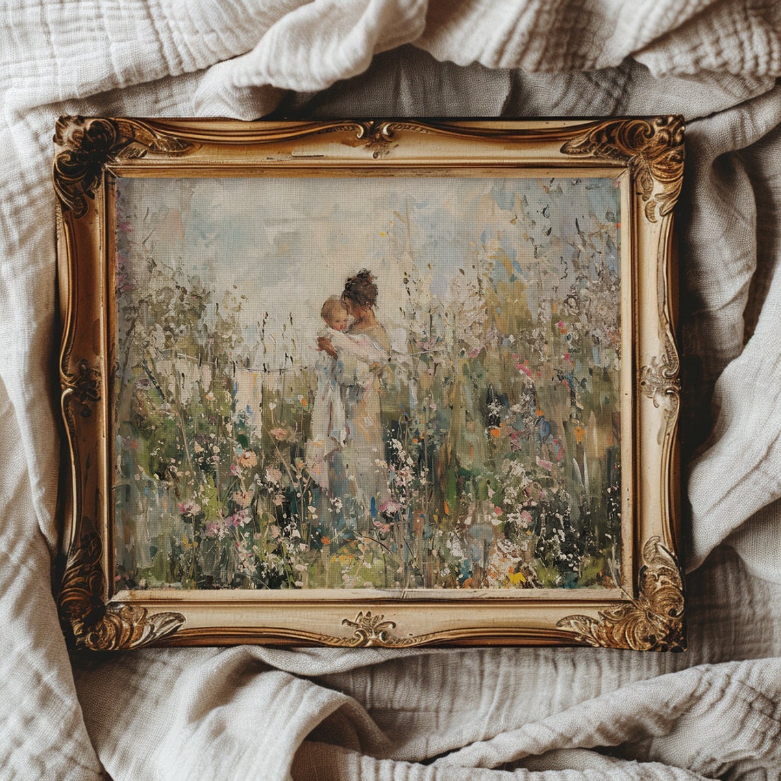 Mother Holding Baby In Wildflower Garden Soft Impressionist Poster - Image 4