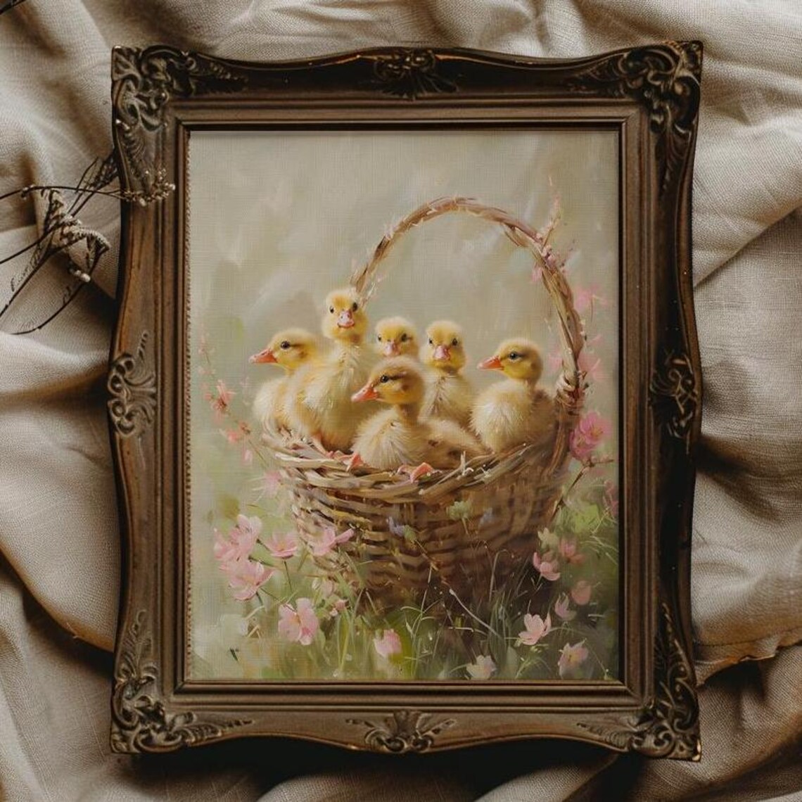 Baby Ducklings in Wicker Basket Spring Floral Painting Poster