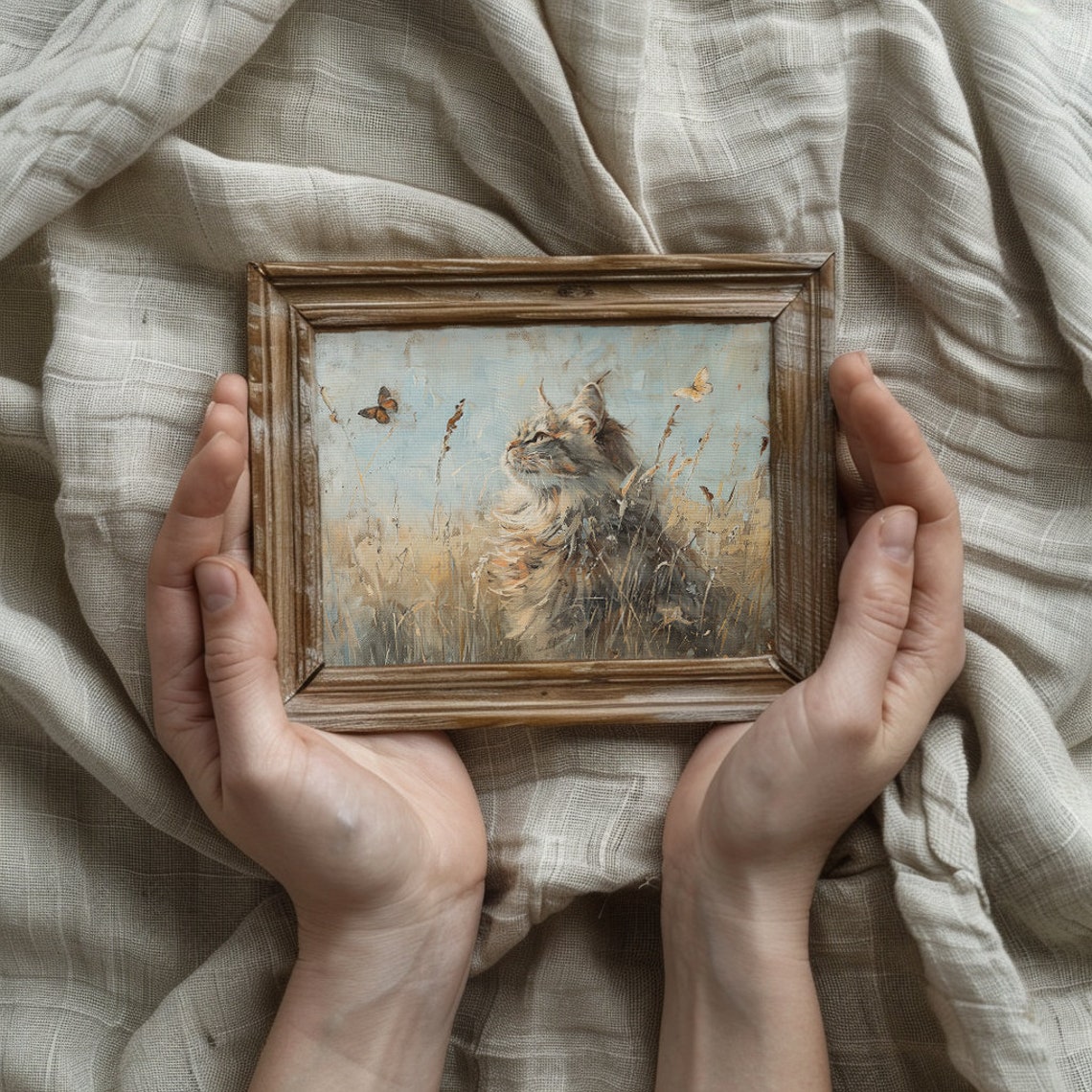Fluffy Cat Watching Butterflies Drift Over a Wheat Field Poster - Image 3