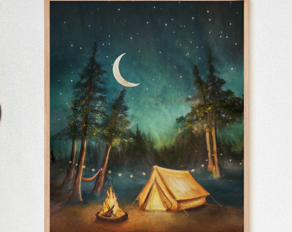 Camping Under Stars Night Sky Tent Campfire String Lights Adventure Print - Image 2