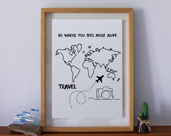 Go Where You Feel More Alive Travel World Map Line Art Poster