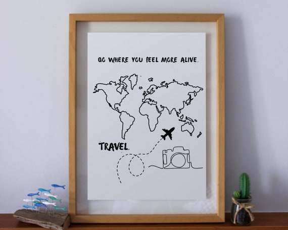 Travel Gallery Wall Art Posters Black White Print Quote Wanderlust World Map Line Camera