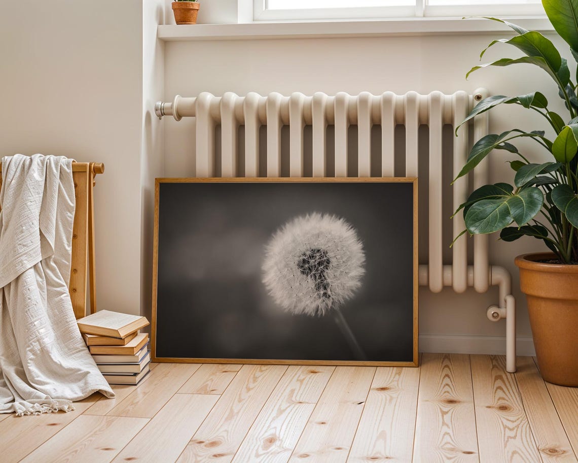 Black and White Dandelion Seed Head Moody Botanical Photo Poster