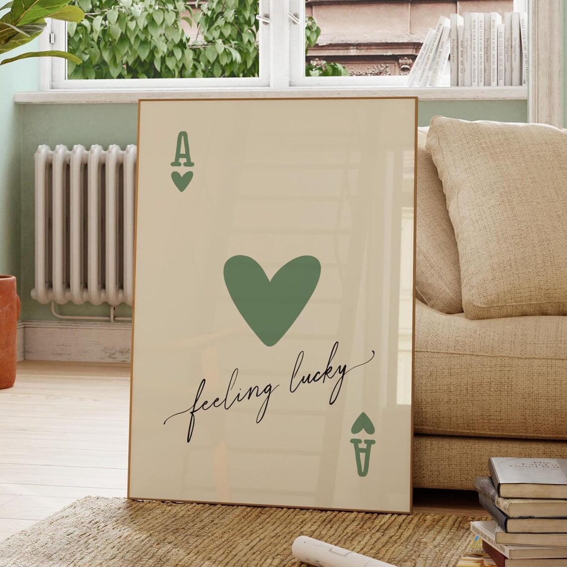 Ace of Hearts Feeling Lucky Green Heart Cream Card Art Poster