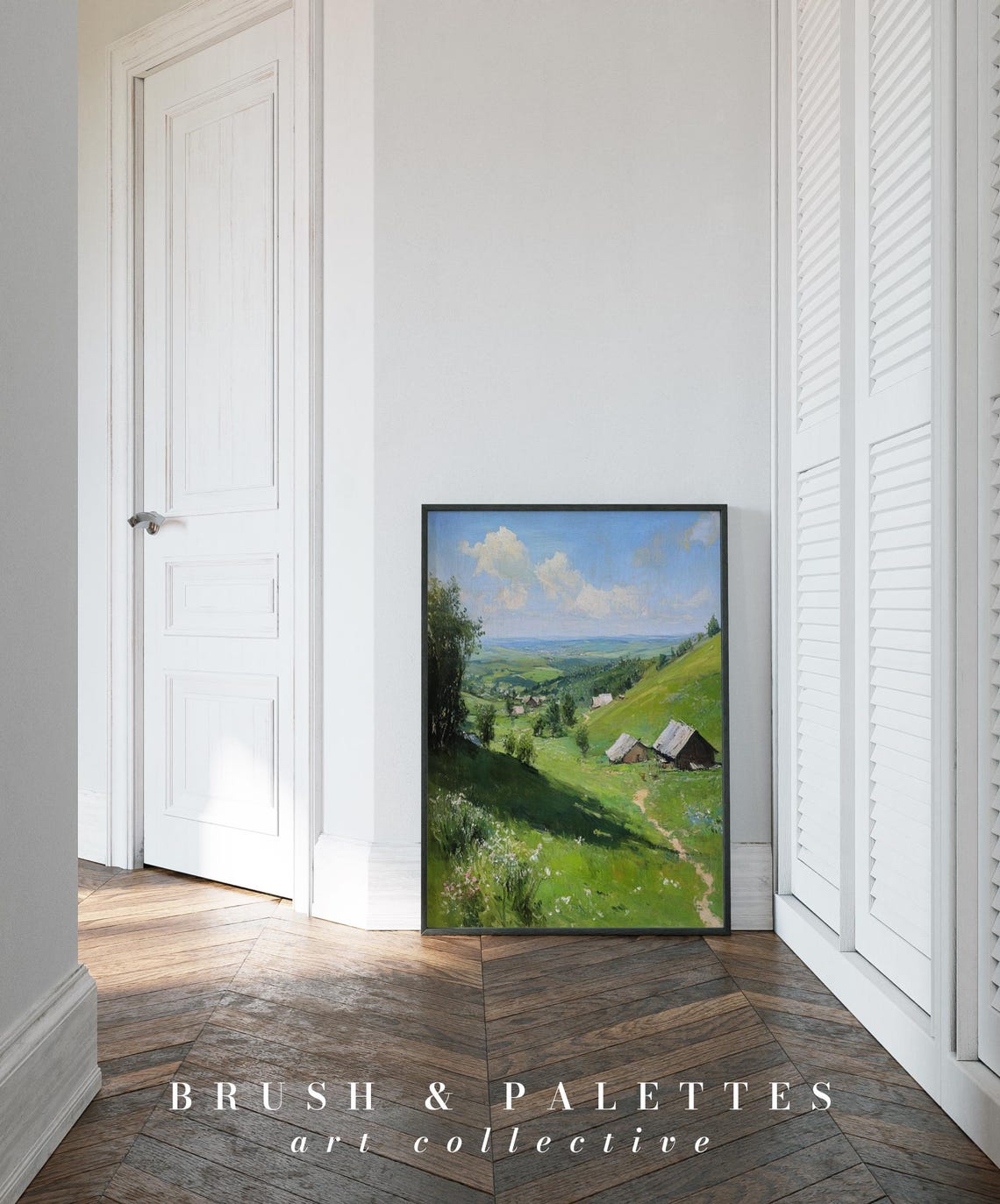 Green Meadow Cottages Summer Landscape Sunny Valley Village Wall Art - Image 3