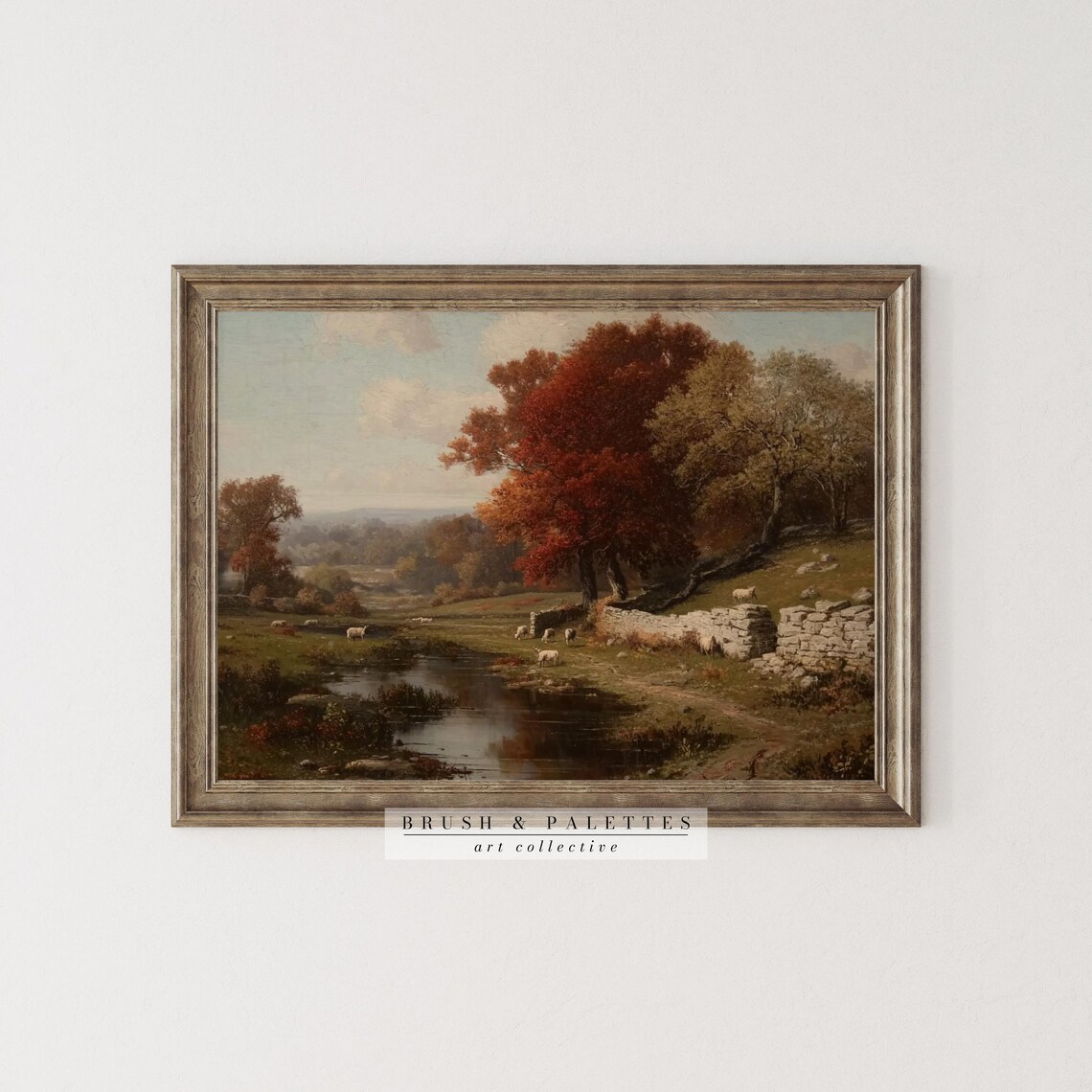 Autumn Pasture Sheep By Stream Stone Wall Pastoral Landscape Art Poster - Image 3