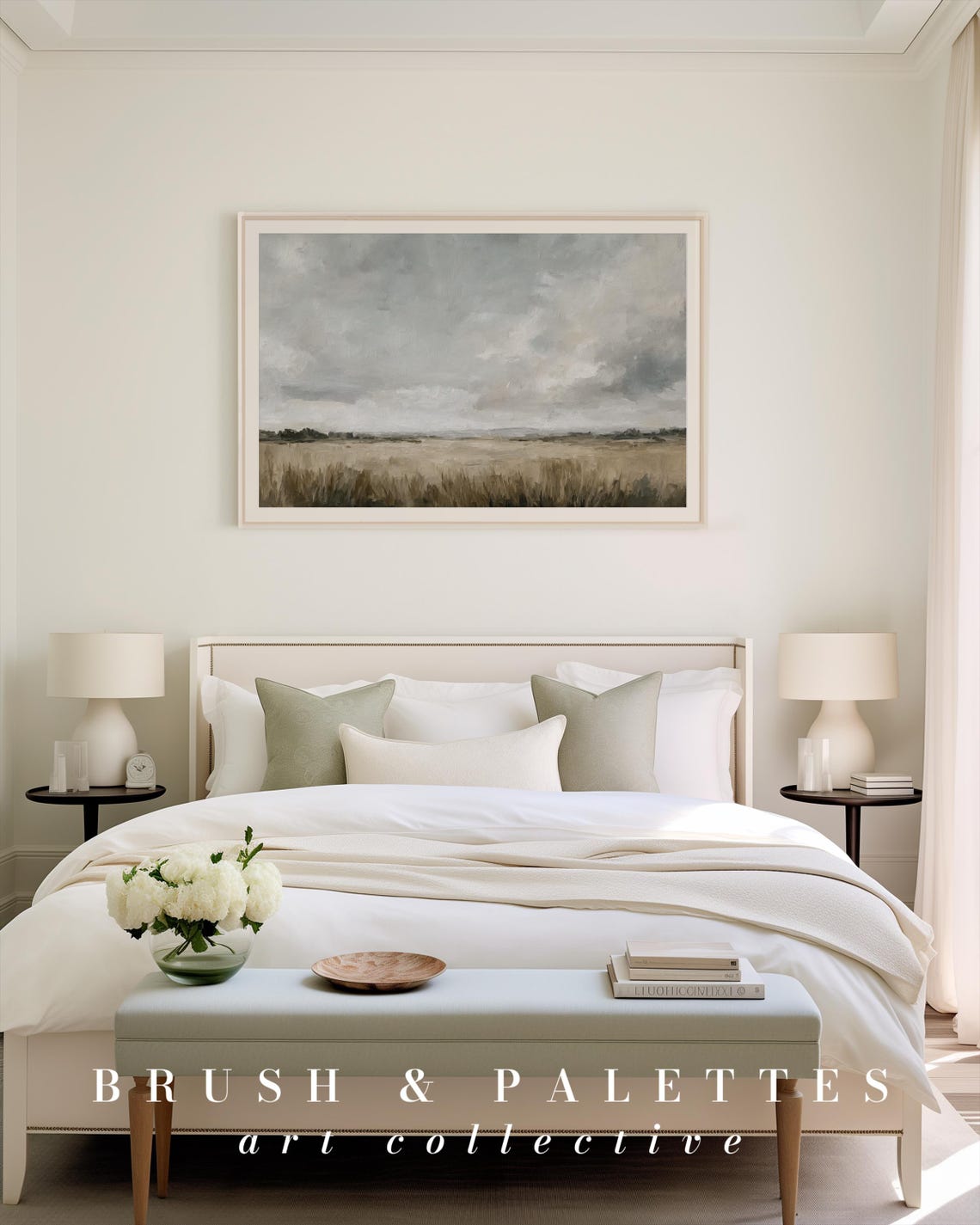 Open Field Under Cloudy Grey Sky Neutral Minimalist Painting Poster - Image 2