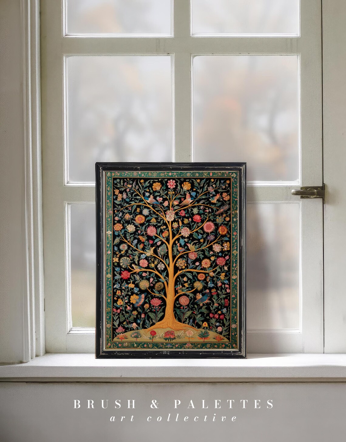 Tree of Life Golden Trunk Jewel Tone Floral Birds Folk Art Print - Image 2
