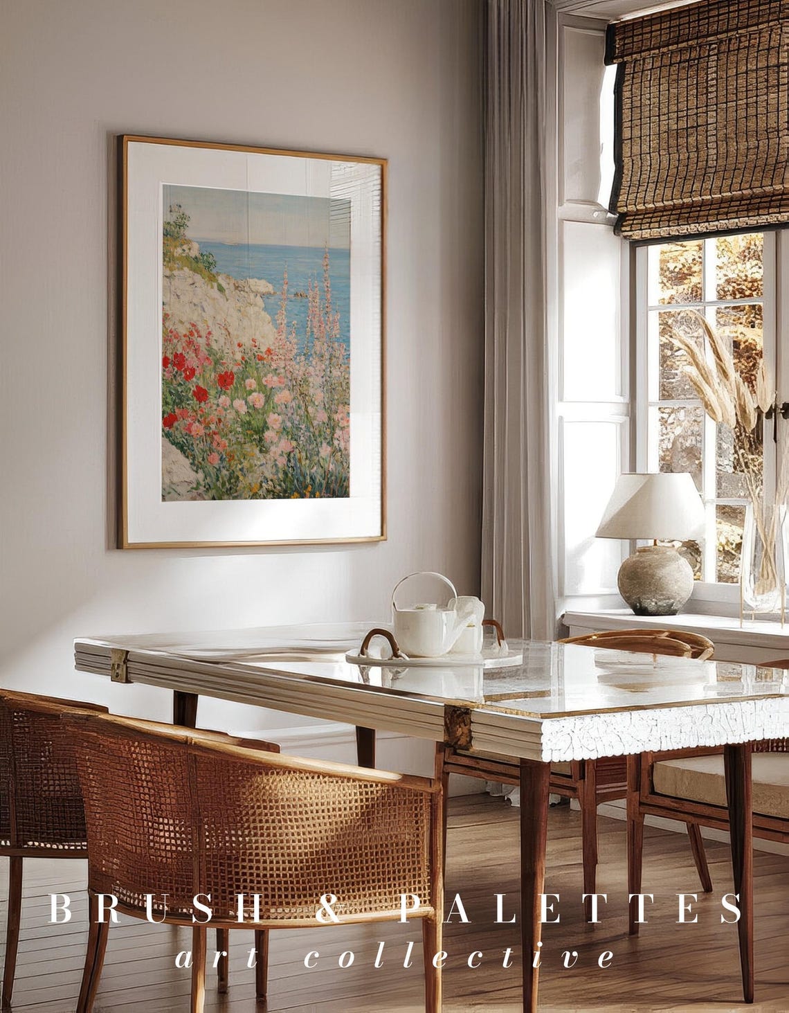 Ocean Cliffside Garden Painting, Vintage Floral Poster - Image 3