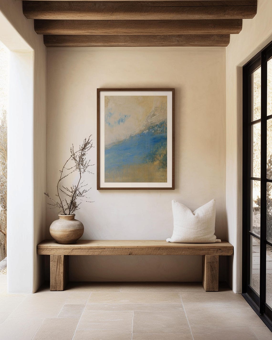 Abstract Blue and Beige Sky Clouds Minimalist Serene Wall Art - Image 3