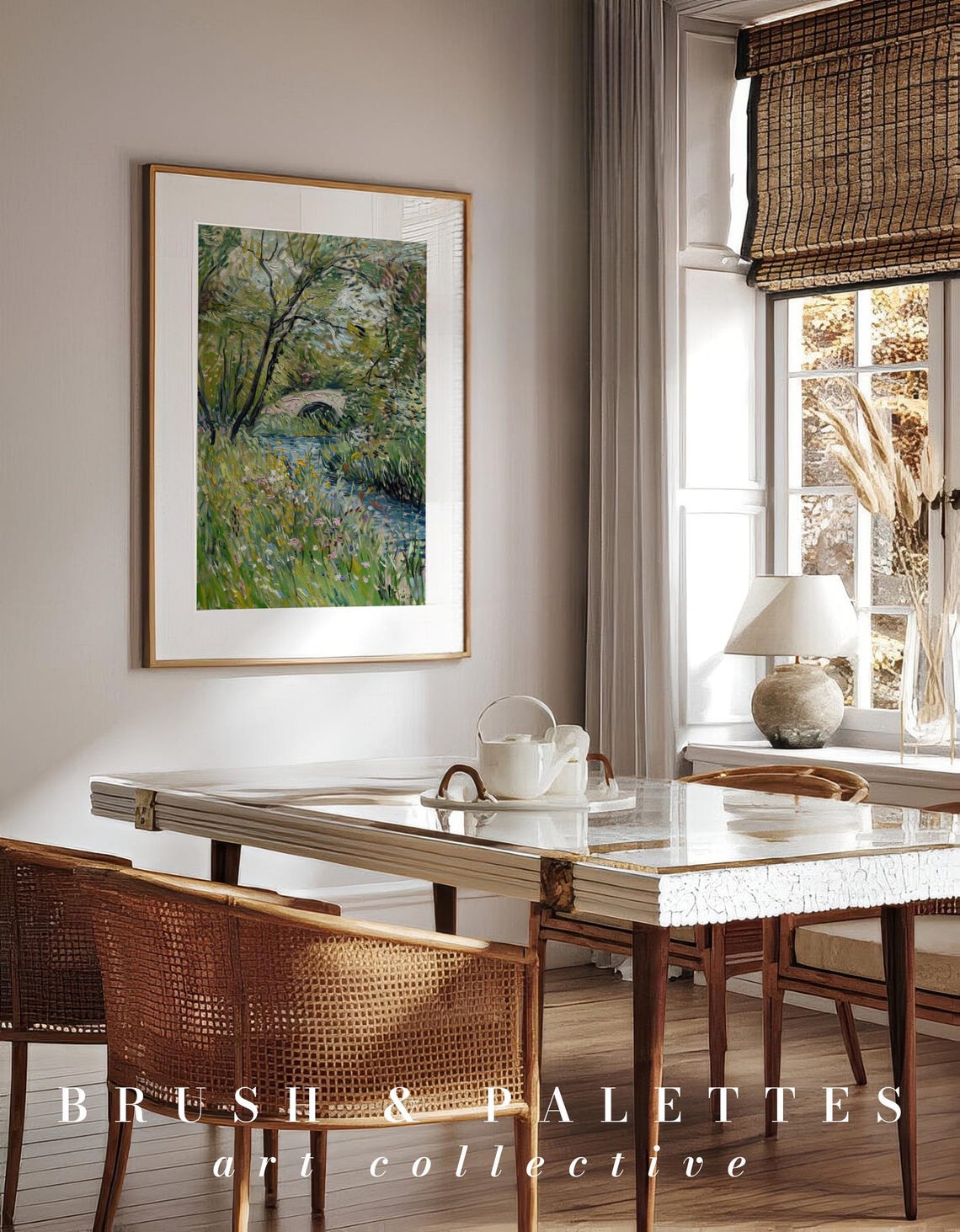 Impressionist Garden Stone Bridge Stream Wildflowers Painting Poster - Image 3