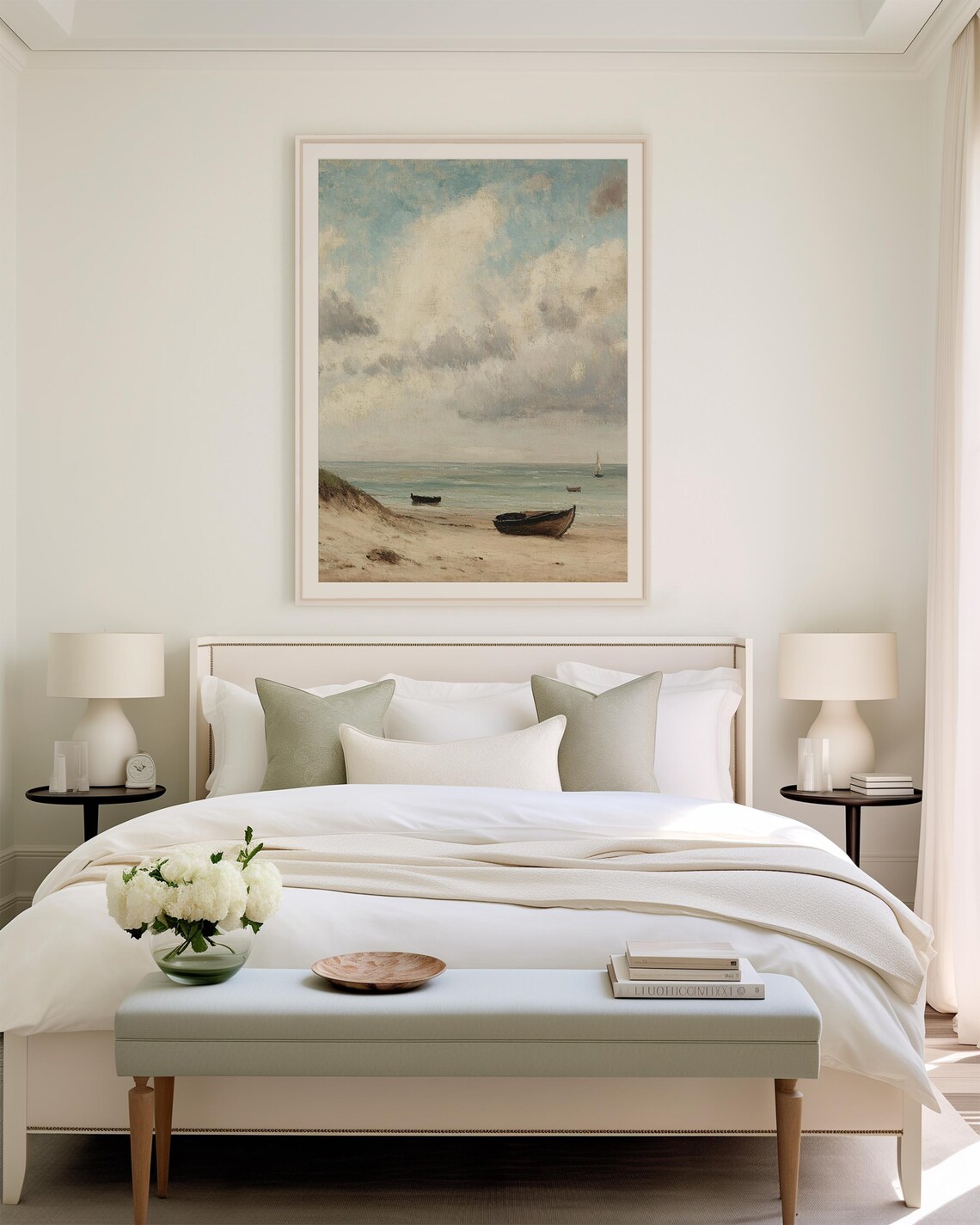 Vintage Beach With Fishing Boats Under Dramatic Cloudy Sky Seascape Poster - Image 2