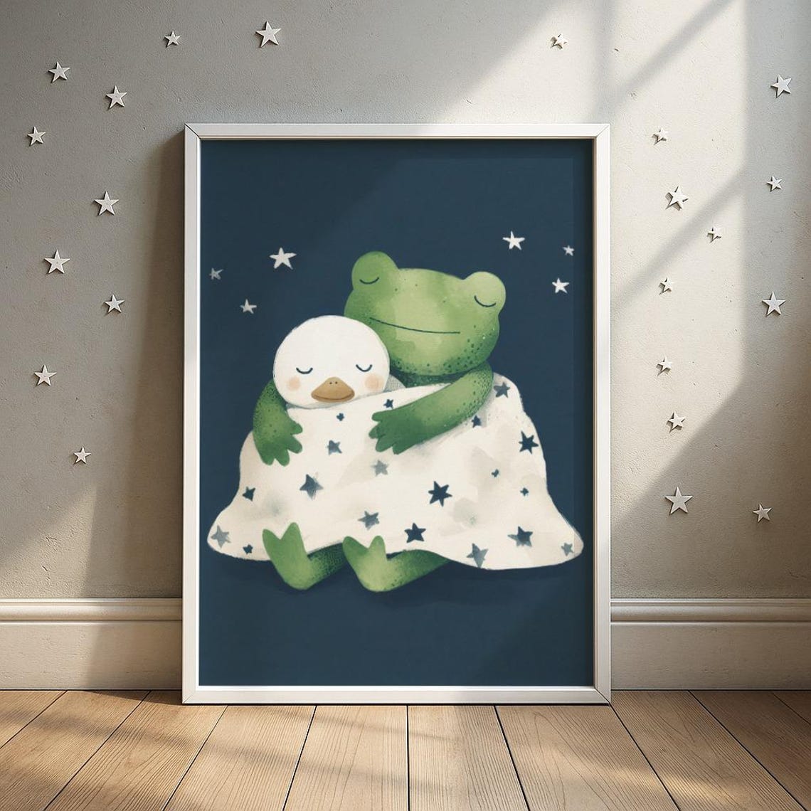 Frog Hugging Duck Bedtime Under Stars Blanket Nursery Poster