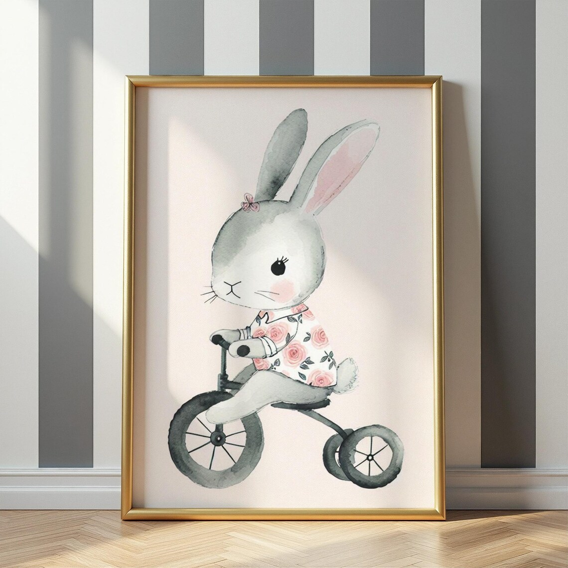 Bunny Girl Riding Tricycle In Floral Dress Watercolor Poster