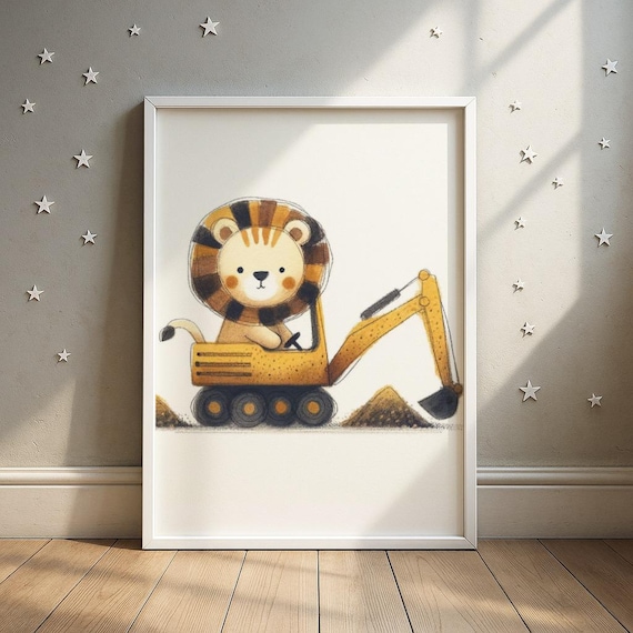Lion Driving a Yellow Excavator at the Construction Site Poster