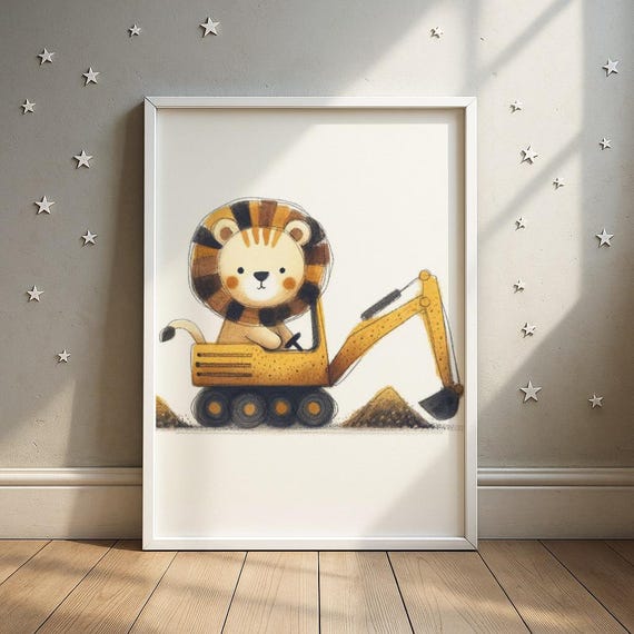 Lion Operating Bulldozer Print Construction Site Safari Animal Illustration Kids Room Decor