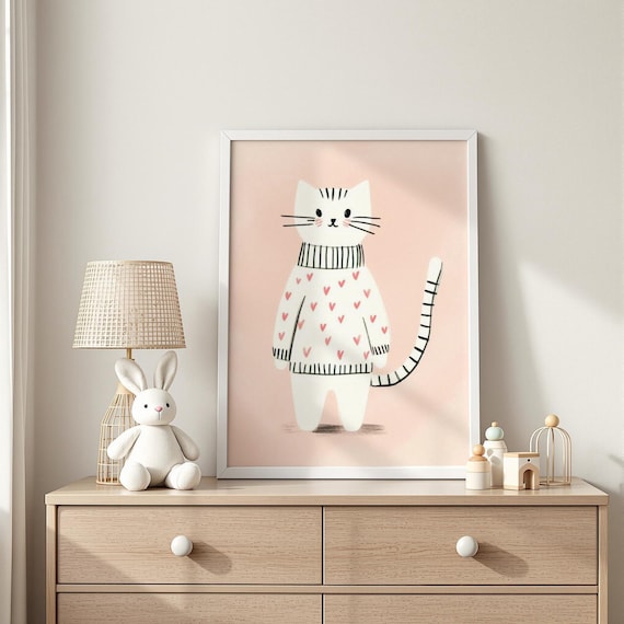 Cute White Cat in Pink Heart Sweater Nursery Kids Room Wall Art