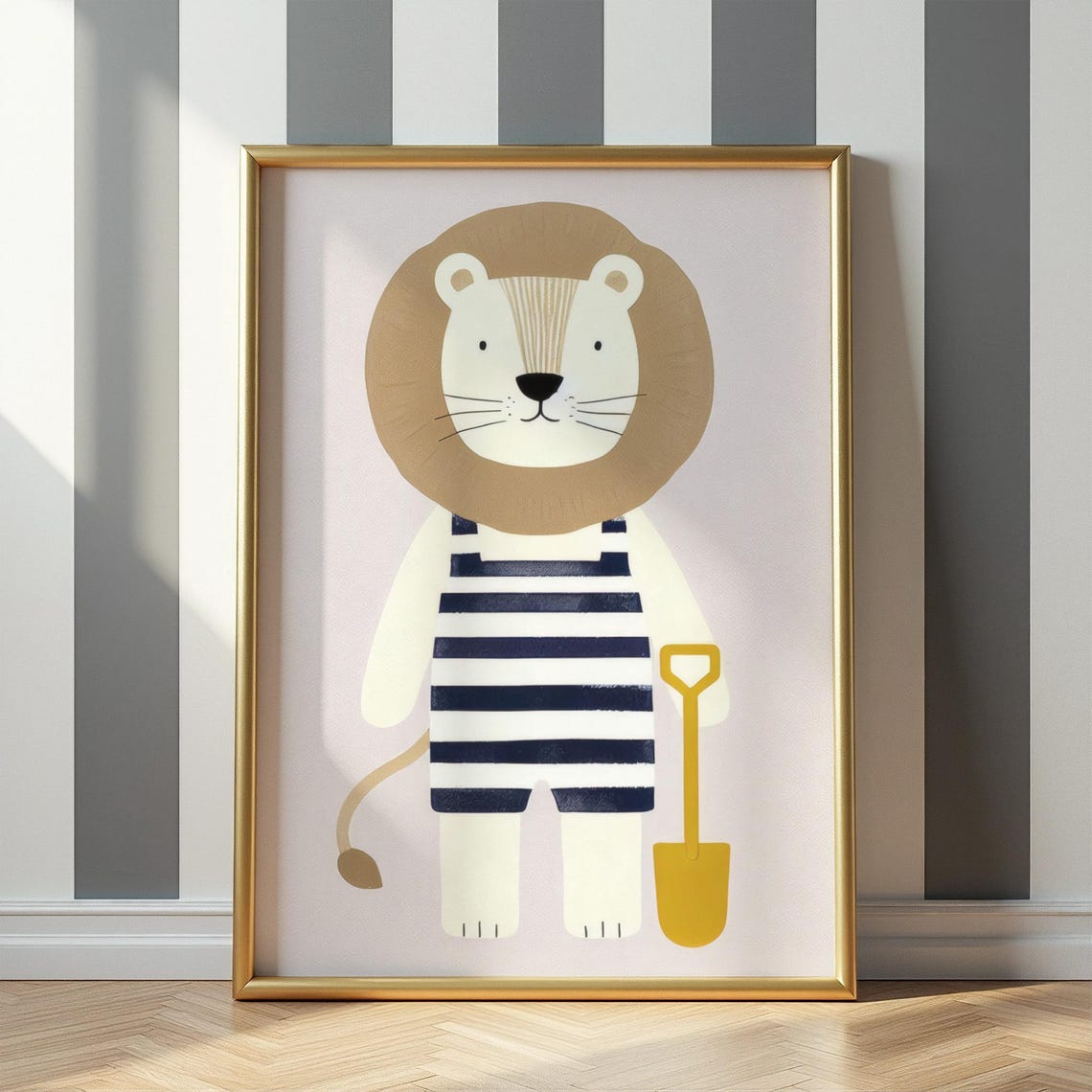 Cute Lion In Striped Swimsuit With Sand Shovel Nursery Wall Art