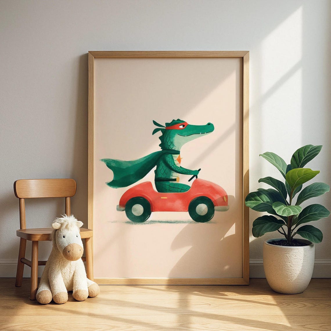 Alligator Red Car Driving Wall Art Adventure Animal Nursery Print Kids Room Decor