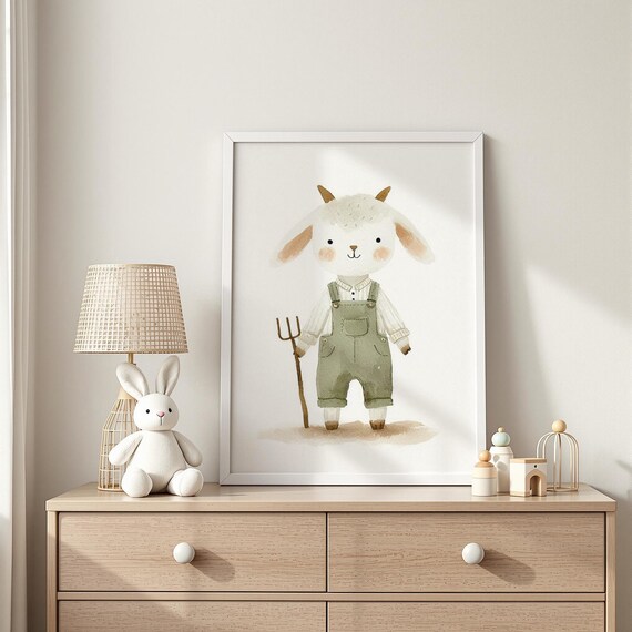 Goat Farmer With Pitchfork Overalls Cute Country Nursery Print