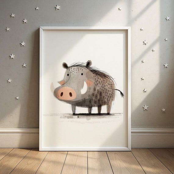 Wild Boar Wall Art Whimsical Forest Animal Illustration Kids Room Decor