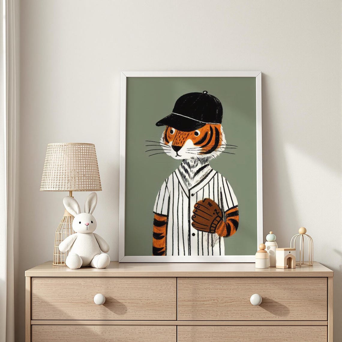 Striped Tiger Baseball Player Pinstripe Uniform Nursery Poster