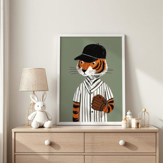Tiger Baseball Player Art Striped Sports Illustration Boys Room Decor