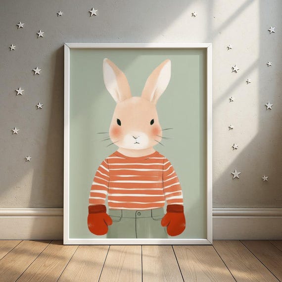 Boxing Rabbit Wall Art With Gloves Illustration Toddler Room Decor