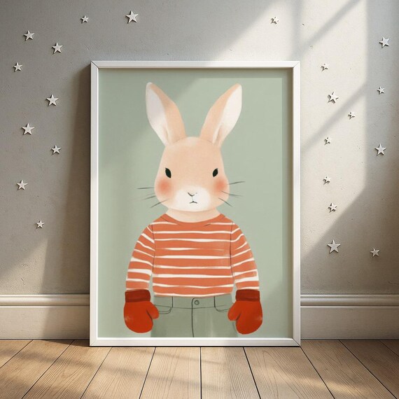 Bunny Boxer In Striped Sweater Nursery Watercolor Poster Red Gloves Art