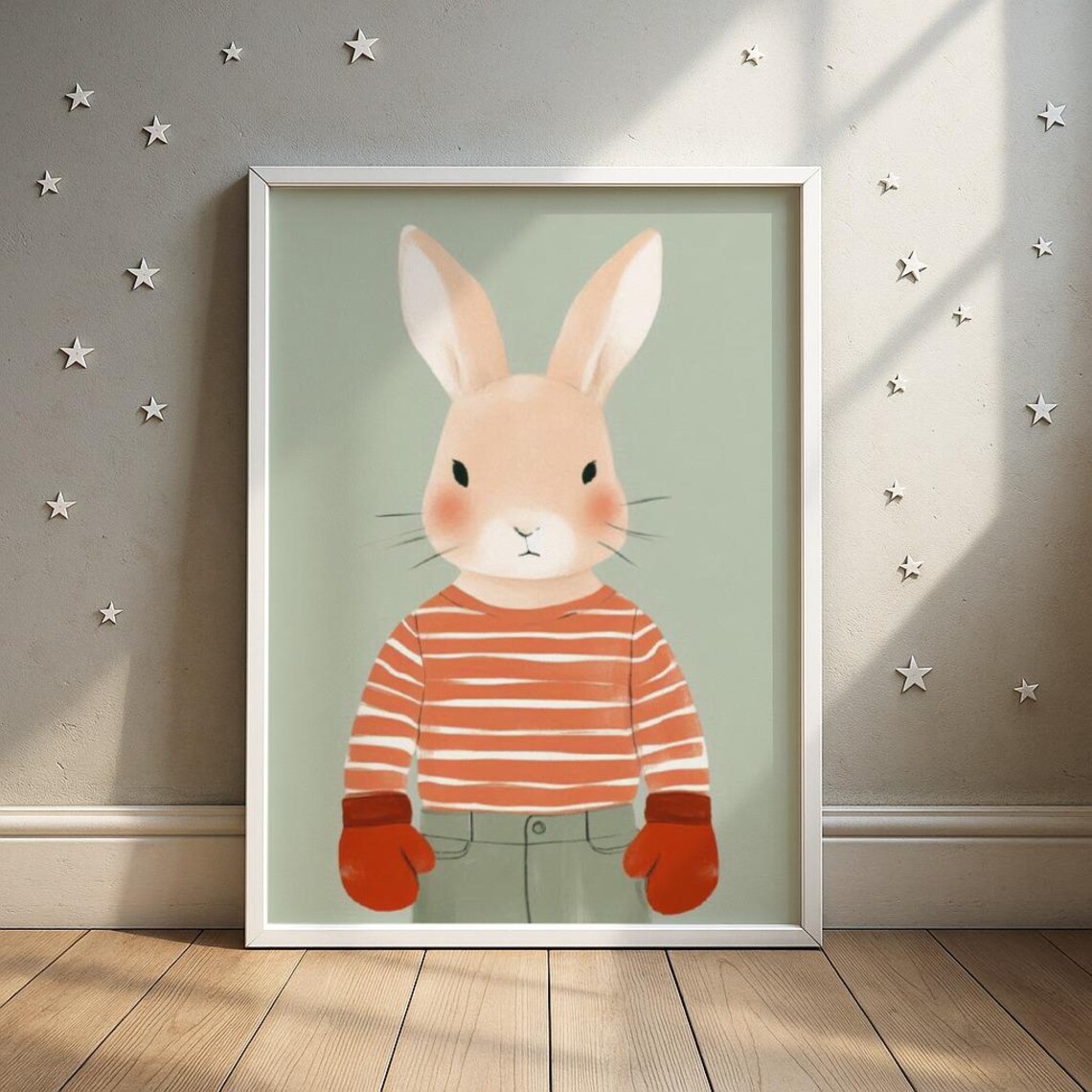 Bunny Boxer In Striped Sweater Nursery Watercolor Poster Red Gloves Art