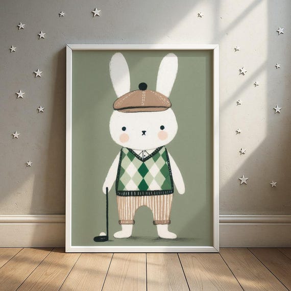 Golf Clubbing Rabbit Print Dapper Bunny With Club Illustration Toddler Room Decor