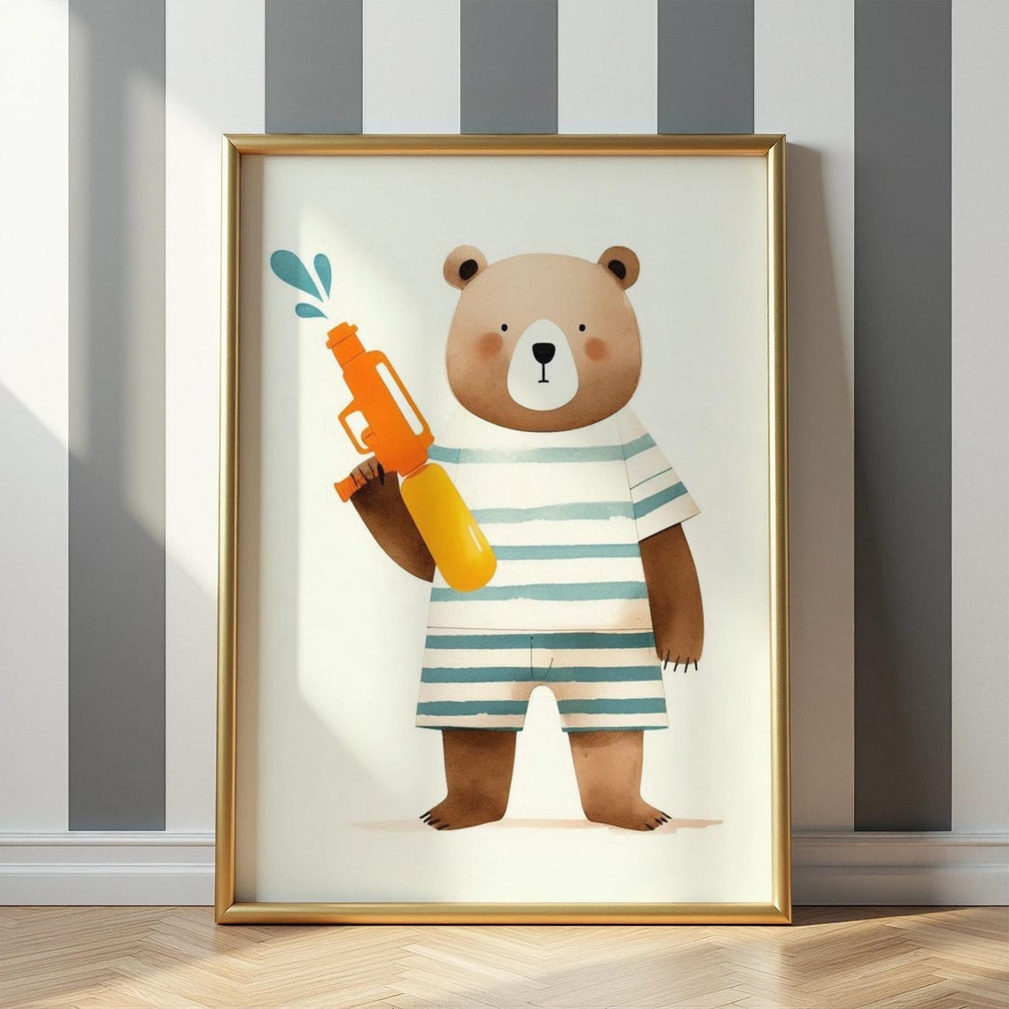Water Gun Bunny Wall Art Playful Rabbit With Pistol Illustration Toddler Room Decor