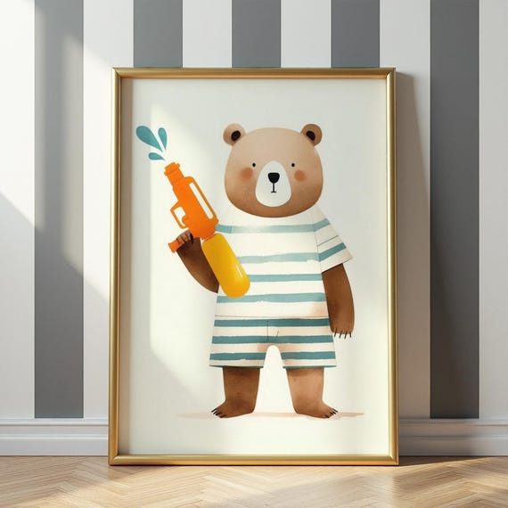 Water Gun Bunny Wall Art Playful Rabbit With Pistol Illustration Toddler Room Decor