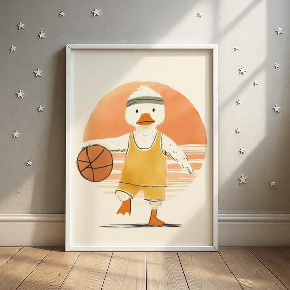 Basketball Duck Player Wall Art Sports Animal Nursery Print Kids Room Decor