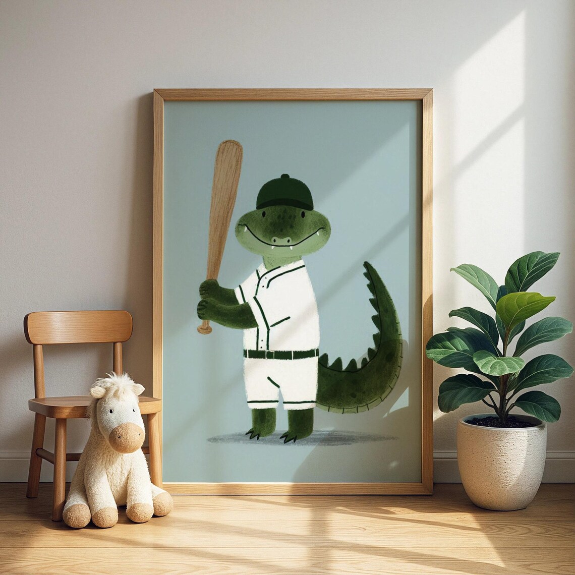 Baseball Alligator Cute Sports Player Nursery Animal Art Wall Poster