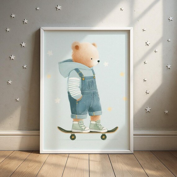 Bear Blue Skate Skateboard Wall Art Urban Animal Nursery Print Kids Room Decor