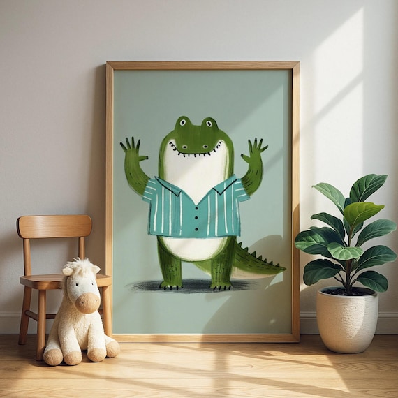 Cheerful Alligator in Striped Shirt Waving Cute Nursery Animal Print