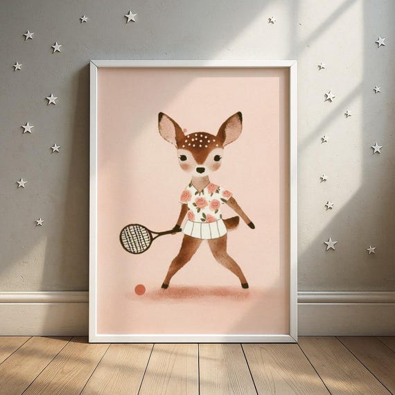 Tennis Deer Print Sports Nursery Art Kids Room Decor Wall