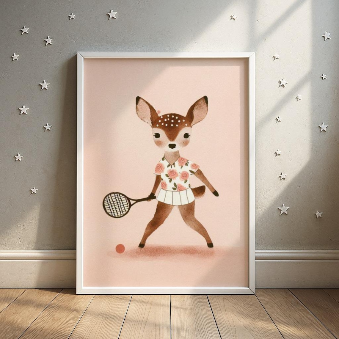 Tennis Deer in Floral Dress Cute Nursery Sports Animal Art Poster